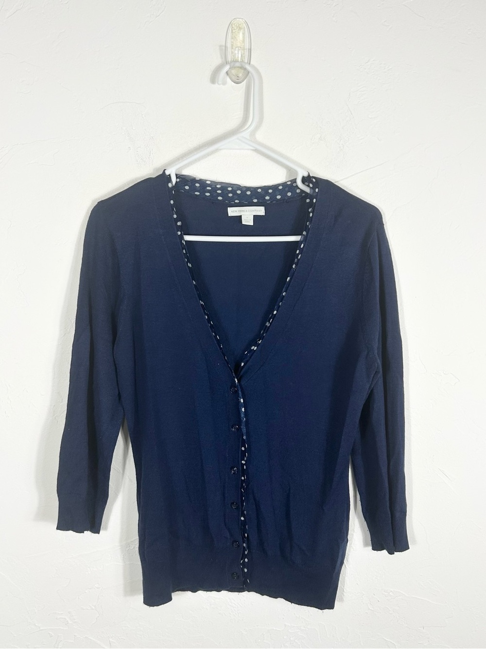 New York & Company Navy Blue Cardigan Polka Dot Trim V-Neck Sweater Size M